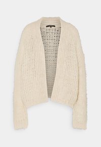 Krämfärgad stickad cardigan med öppen framsida, med en kraftig, texturerad väv och något kortade ärmar. Ingen knäppning.