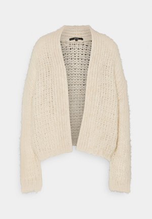 Krémový pletený kardigan s otevřeným předním dílem, který má silnou, strukturovanou pleteninu a mírně zkrácené rukávy. Bez zapínání.
