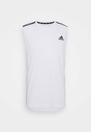 T-shirt de sport sans manches blanc Adidas avec logo noir sur la poitrine et trois bandes noires sur chaque épaule.