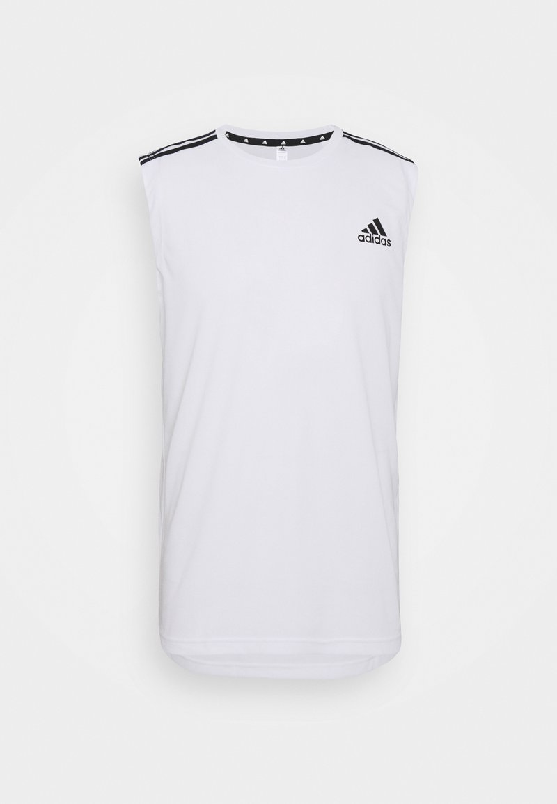 T-shirt de sport sans manches blanc Adidas avec logo noir sur la poitrine et trois bandes noires sur chaque épaule.