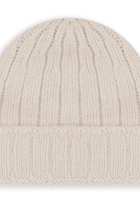 Berretto lavorato a maglia di un beige chiaro con una texture a costine e orlo ripiegato, realizzato in morbido filato, con dettagli a motivo verticale.