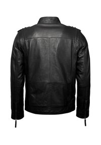 Zwarte leren jas met een rechte snit, een hoge kraag en ritsmanchetten. Opvallende stikseldetails en epaulettenaccenten op de schouders.