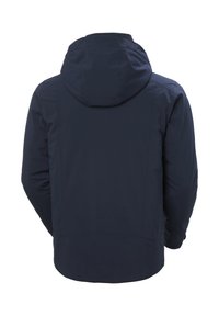 Námořnická modrá nepromokavá bunda s kapucí, která má hladký povrch, elastické manžety a přiléhavý střih. Zpevněné švy viditelné na zádech.