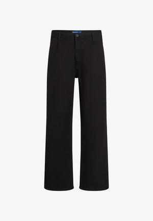 Black straight-leg pants with button and zip closure, belt loops, and side pockets, displayed against white background.