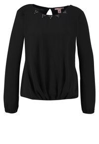 Blusa nera a maniche lunghe con scollatura a chiave, colletto decorato, orlo arricciato e tessuto liscio. Presenta delicati dettagli di perline.