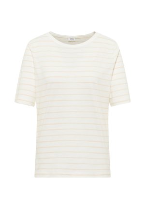 Biała koszulka z krótkim rękawem z cienkimi, jasnobeżowymi poziomymi paskami i okrągłym dekoltem.