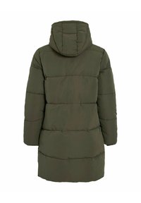 Giacca a vento imbottita di colore verde scuro, con cappuccio, design trapuntato verticale e taglio di lunghezza media. Tessuto liscio con finitura opaca.