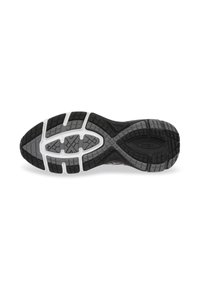 Black and gray athletic shoe sole with patterned treads, white accents, and a durable rubber material for grip and stability.