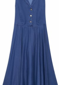 Navyblaues ärmelloses Kleid aus leichtem Stoff, mit Knopfleiste, V-Ausschnitt und schwingendem Rock mit weicher Textur.