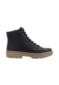 Bottines noires en cuir texturé avec un bout rond, des œillets en or et une semelle en caoutchouc beige avec un motif de semelle.