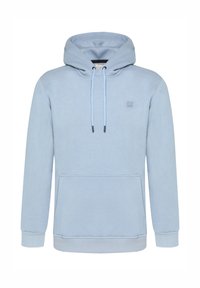 Lichtblauwe hoodie van zachte katoen, met een kenguruzak, verstelbare trekkoordcapuchon en ribgebreide manchetten. Subtiel logo op de borst.