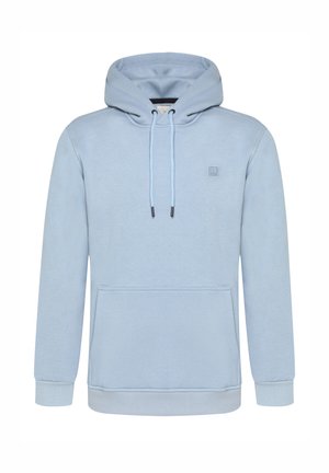 Lichtblauwe hoodie van zachte katoen, met een kenguruzak, verstelbare trekkoordcapuchon en ribgebreide manchetten. Subtiel logo op de borst.