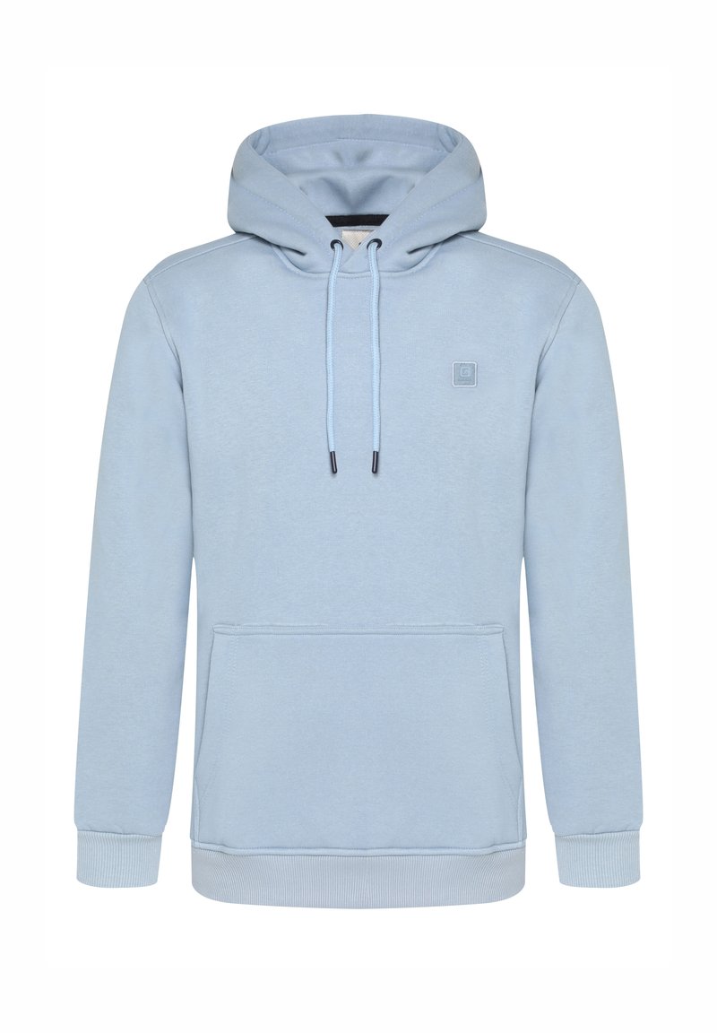 Lichtblauwe hoodie van zachte katoen, met een kenguruzak, verstelbare trekkoordcapuchon en ribgebreide manchetten. Subtiel logo op de borst.