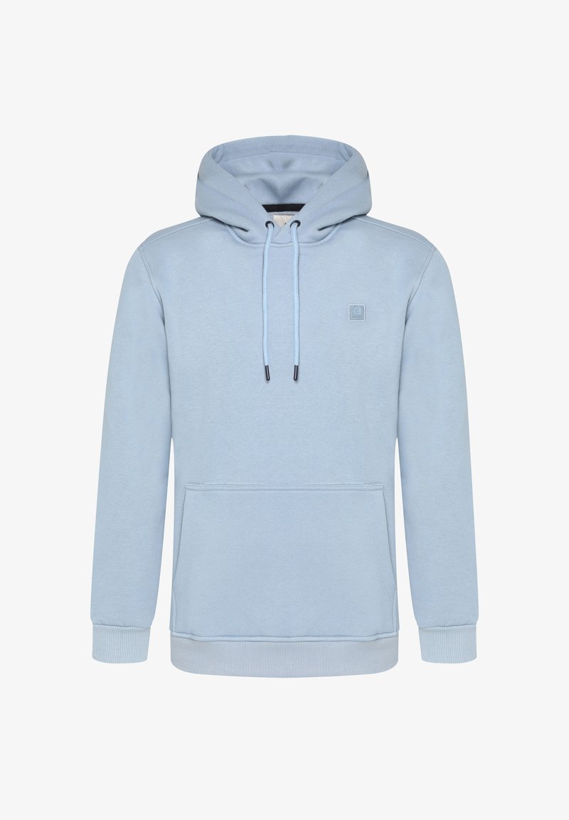 Felpa azzurra in cotone morbido, con tasca a marsupio, cappuccio regolabile con coulisse e polsini a coste. Logo discreto sul petto.