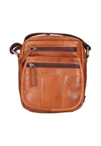 Borsa a tracolla in pelle marrone con due tasche frontali con zip, forma rettangolare, finitura texturizzata e una tracolla intrecciata per il trasporto.