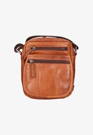 Borsa a tracolla in pelle marrone con due tasche frontali con zip, forma rettangolare, finitura texturizzata e una tracolla intrecciata per il trasporto.