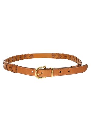 Ceinture en cuir fauve avec boucle arrondie dorée et motif géométrique embossé le long des bords de la sangle.