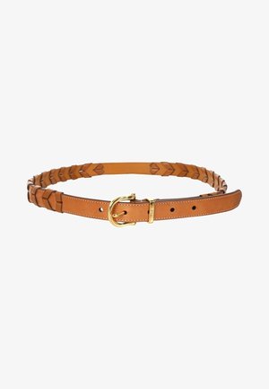 Ceinture en cuir fauve avec boucle arrondie dorée et motif géométrique embossé le long des bords de la sangle.
