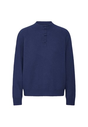 Navyblauwe gebreide pullover trui met lange mouwen, geribde manchetten en zoom, en een korte knoopsluiting bij de kraag.