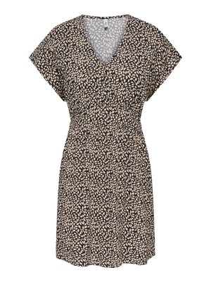 Vestido negro de manga corta con estampado de hojas beige, escote en V y cintura fruncida.