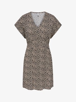 Musta lyhythihainen mekko, jossa beige lehtikuvio, V-kaula-aukko ja kerätty vyötärö.