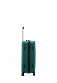 Valigia rigida color smeraldo con design senza giunte, zip nera e ruote doppie. Include un manico telescopico in alluminio per una facile manovrabilità.