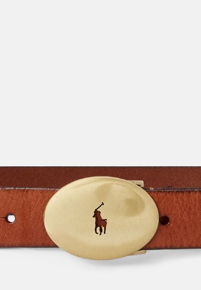 Brown leather belt with a gold oval buckle. The buckle features a raised dark silhouette of a horseman. Simple design with a smooth texture.