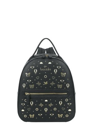 Zaino in pelle nera decorato con motivi dorati di farfalla, cuore, mongolfiera, nuvola, sole e uccello e tasca frontale con zip.