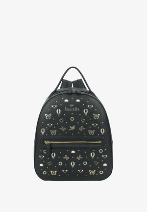 Zaino in pelle nera decorato con motivi dorati di farfalla, cuore, mongolfiera, nuvola, sole e uccello e tasca frontale con zip.
