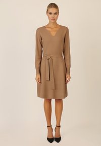 Knie-langes, langärmliges Kleid aus leichtem braunen Strickstoff mit V-Ausschnitt, tailliertem Gürtel und weit schwingendem Rock. Schwarze Stiletto-Absätze runden den Look ab.