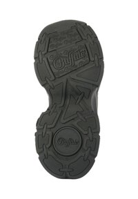 Semelle de chaussure en caoutchouc noir dotée de motifs de bande de roulement texturés, de la marque "Buffalo" et d'un design durable avec des formes géométriques variées pour une meilleure adhérence.