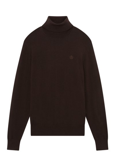 Brauner Rollkragenpullover, lange Ärmel, gerippte Bündchen und Saum, weiche Textur, mit einem dezenten Logo auf der Brust.