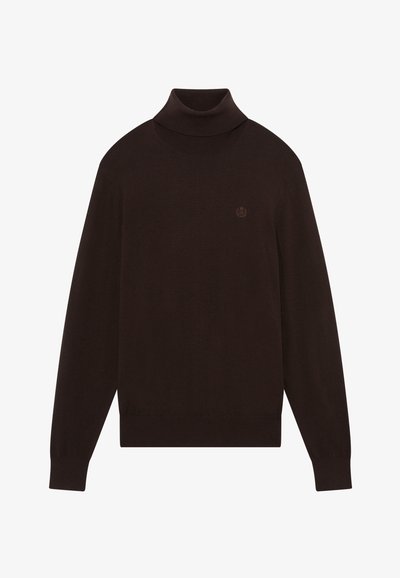 Brązowy sweter z golfem, długie rękawy, ściągacze oraz dół w prążki, miękka tekstura, z delikatnym logo na piersi.