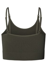 Olivengrøn ribbet bralette med justerbare stropper, der tilbyder et sømløst design og en bred kant forneden for støtte. Blød tekstur.