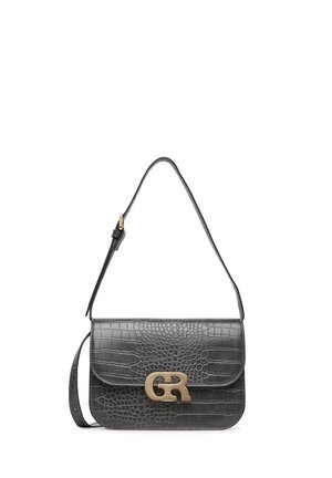 Borsa a tracolla in pelle nera con texture effetto coccodrillo, chiusura con logo "GR" in metallo dorato e tracolla regolabile.