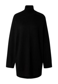 Schwarzer Rollkragenpullover mit langen Ärmeln, locker geschnitten und mit geripptem Kragen. Hergestellt aus weichem, strukturiertem Material mit seitlichen Schlitzen.
