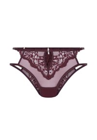 Bordeaux kanten slip met gaaspanelen, bloemenkantontwerp aan de voorkant, verstelbare bandjes en sleutelgaatje in het midden. Zachte stoftextuur.