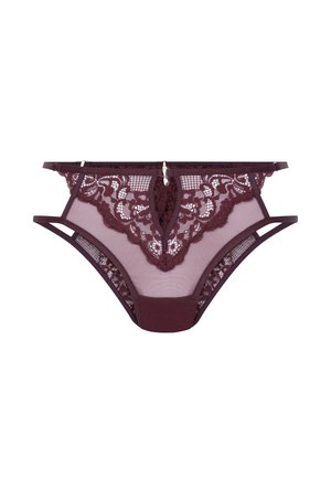 Bordeaux kanten slip met gaaspanelen, bloemenkantontwerp aan de voorkant, verstelbare bandjes en sleutelgaatje in het midden. Zachte stoftextuur.