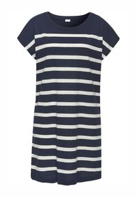 Mekko, jossa on tummansinisiä ja valkoisia raitoja, lyhyet hihat, pyöreä kaula-aukko, rento malli, polvipituinen, valmistettu kevyestä puuvillakankaasta.