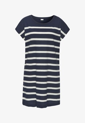 Námornícka modrá a biela pruhovaná šaty, krátke rukávy, zaoblený výstrih, voľný strih, po kolená, vyrobené z ľahkej bavlnenej tkaniny.