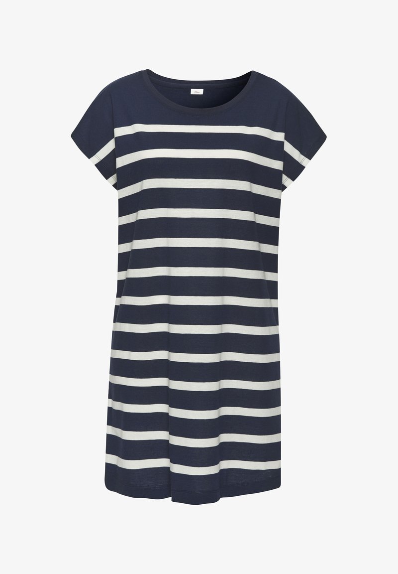 Mekko, jossa on tummansinisiä ja valkoisia raitoja, lyhyet hihat, pyöreä kaula-aukko, rento malli, polvipituinen, valmistettu kevyestä puuvillakankaasta.
