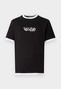 Black cotton t-shirt with a white graphic design on the chest and contrasting white trim on the sleeves and collar.