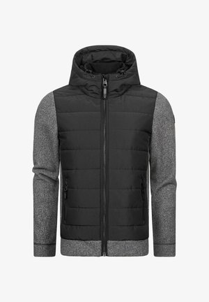 Padded black jacket with a gray knitted sleeve design, a high collar, front zip closure, and two side zip pockets. Features a textured finish.