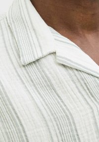 Chemise en lin rayée avec une base blanche pâle et des rayures vertes décolorées, un col rabattu et un tissu texturé et respirant.