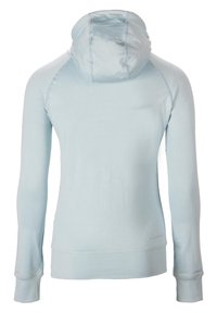 Hoodie bleu clair à manches longues avec un design ajusté, comprenant une capuche à cordon et des coutures sans efforts le long des épaules et des poignets.