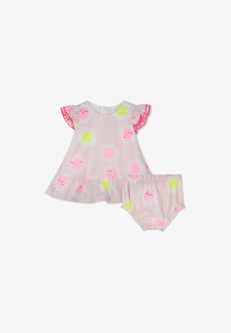 Roza cvjetna haljina s nabranim rukavima, s osmjehnutim suncima i tratinčicama. Uključuje odgovarajuće gaćice s elastičnim pojasom i manžetama.