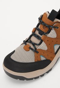 Hiking cipela s teksturom koja ima bež mrežasti gornji dio, smešene kožne detalje, plave vezice i crni gumeni zaštitnik prstiju.