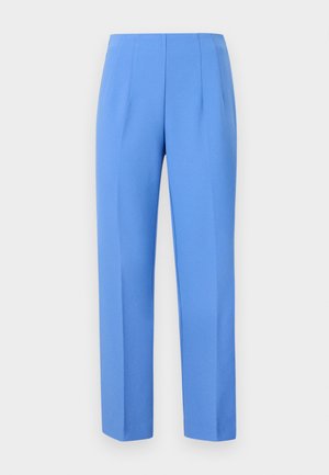 Blue tailored pants made of smooth fabric with side pleats, featuring a straight cut and a clean waistband. No visible hardware or patterns.