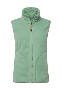 Svetle zelená fleecová vesta s vysokým límcem, zipem na přední straně a dvěma bočními kapsami. Měkká textura a pohodlný střih s kontrastními detaily zipu.