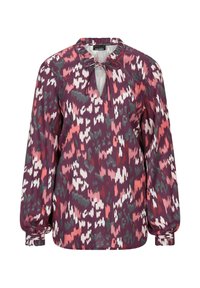 Lila Bluse mit einem Schlitz-Halsausschnitt, langen Ärmeln mit gerafften Manschetten und einem aquarellartigen Muster in Pink, Weiß und Grau.